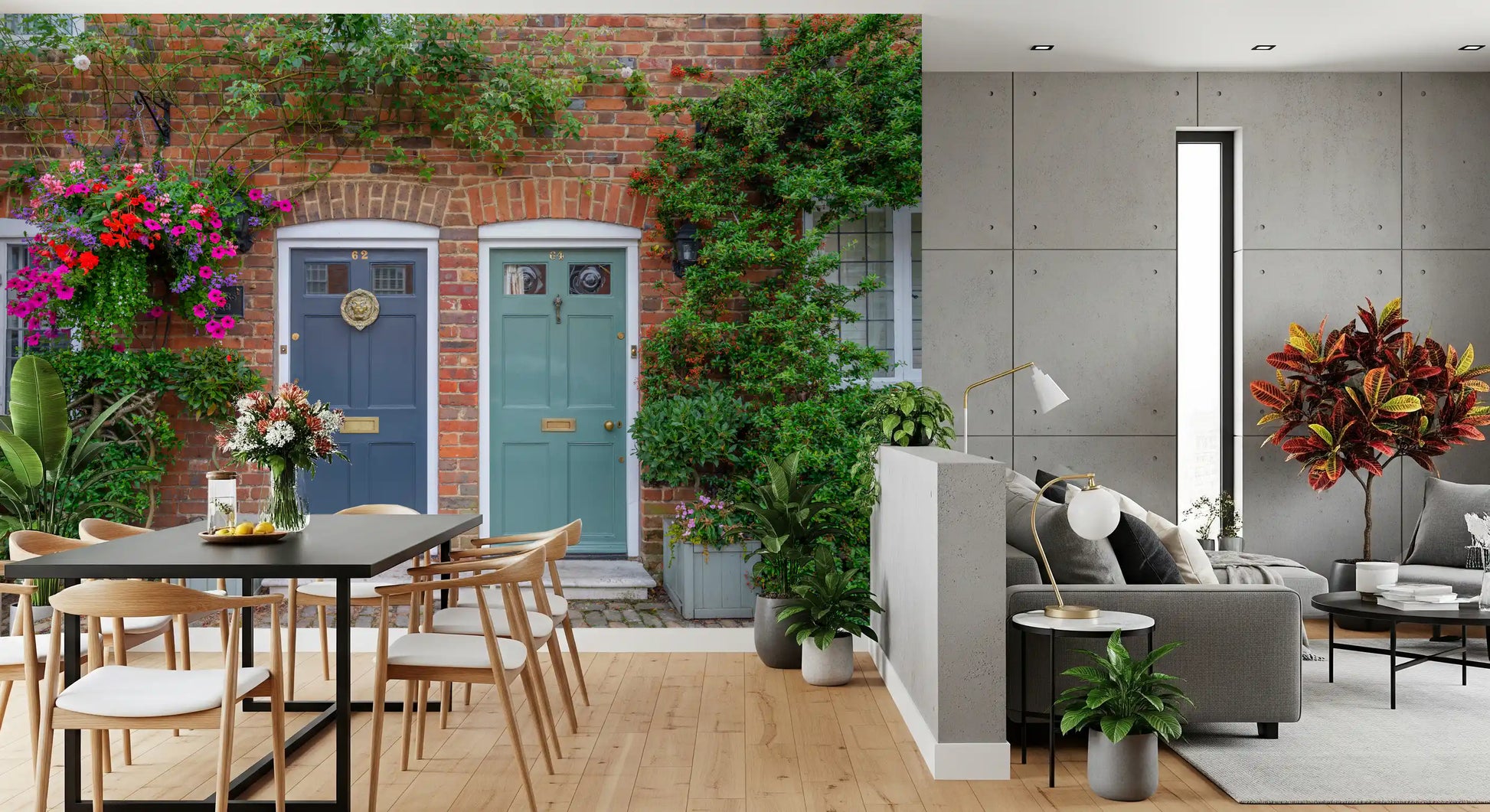 Floral streetscape wall mural featuring blooming brick facades
