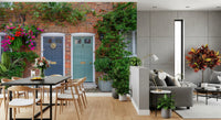 Floral streetscape wall mural featuring blooming brick facades
