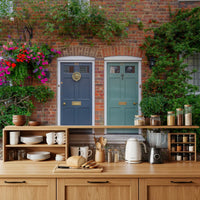 Cottage style wall mural with flowers around brick doorways
