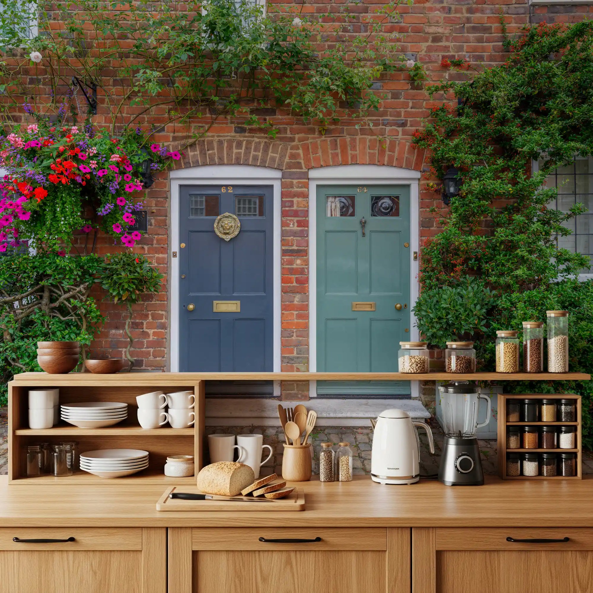 Cottage style wall mural with flowers around brick doorways
