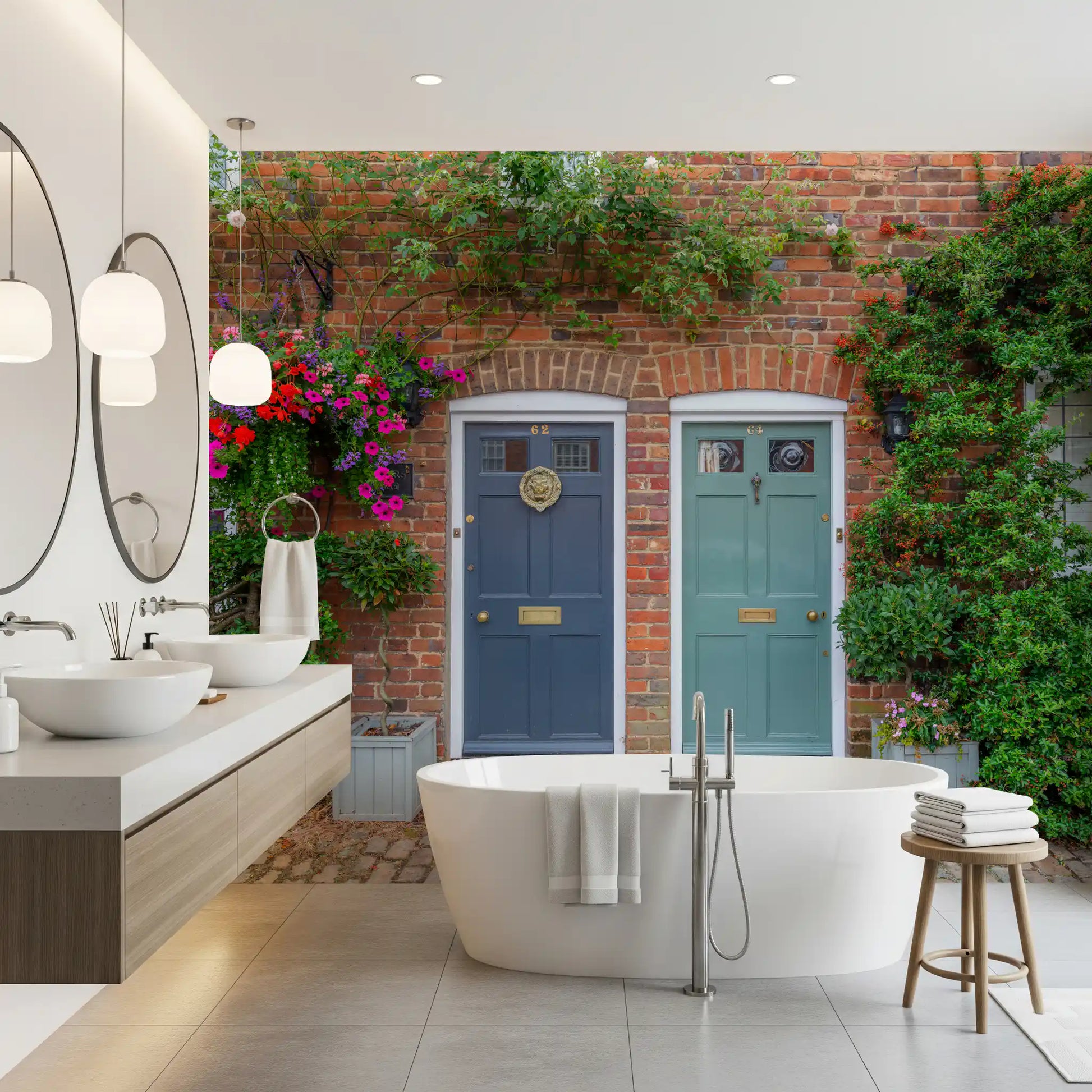Floral entrance wall mural showcasing charming brick streetscape