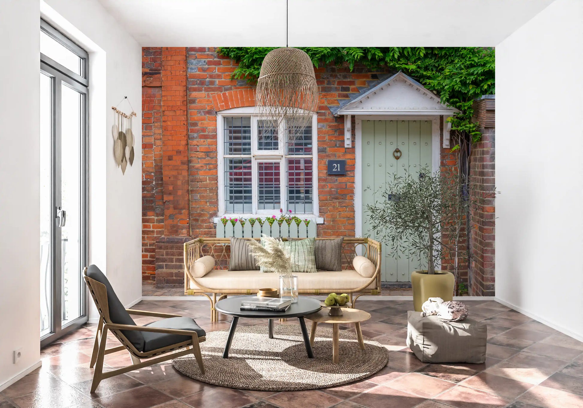 Countryside cottage wall mural with lush flowers and greenery

