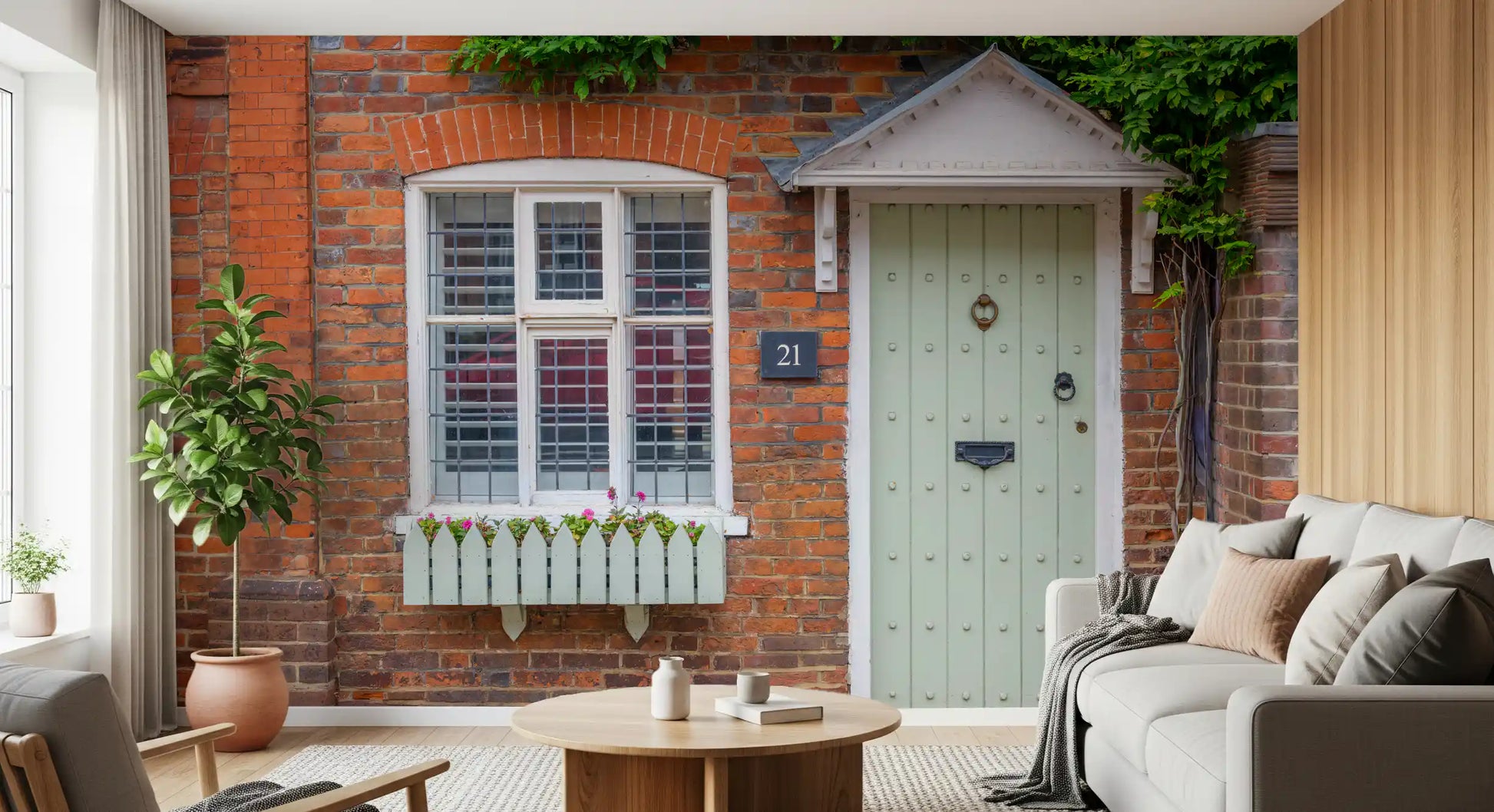 Garden cottage wall mural featuring colourful floral borders
