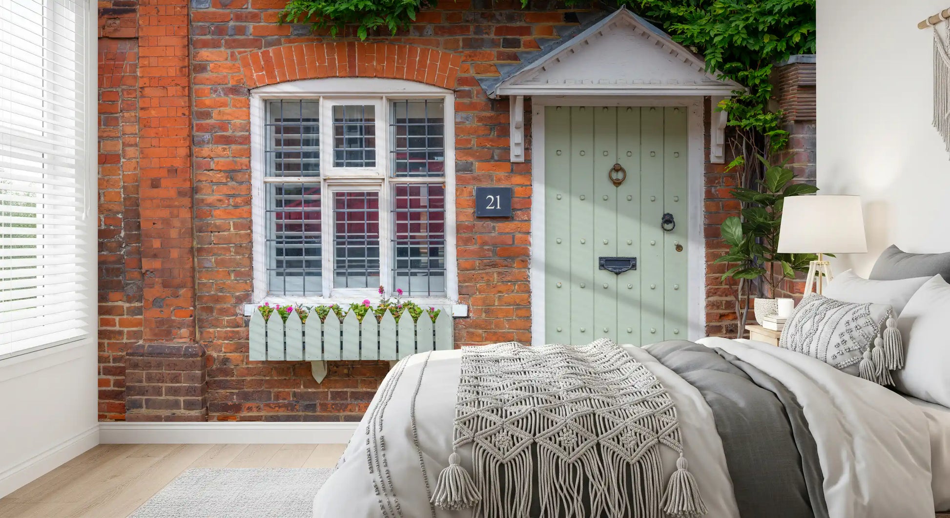 English garden wall mural with charming cottage architecture
