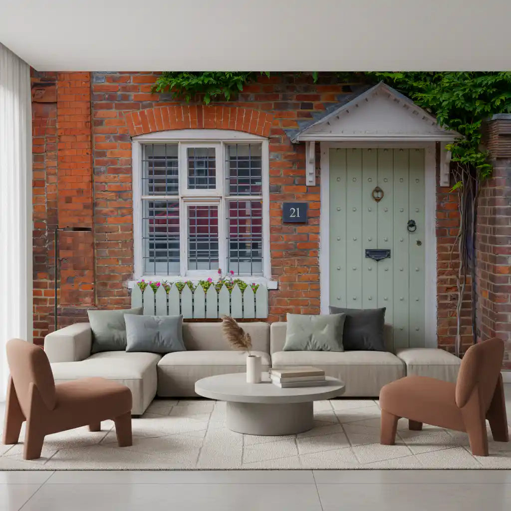 Stone cottage wall mural surrounded by vibrant garden blooms
