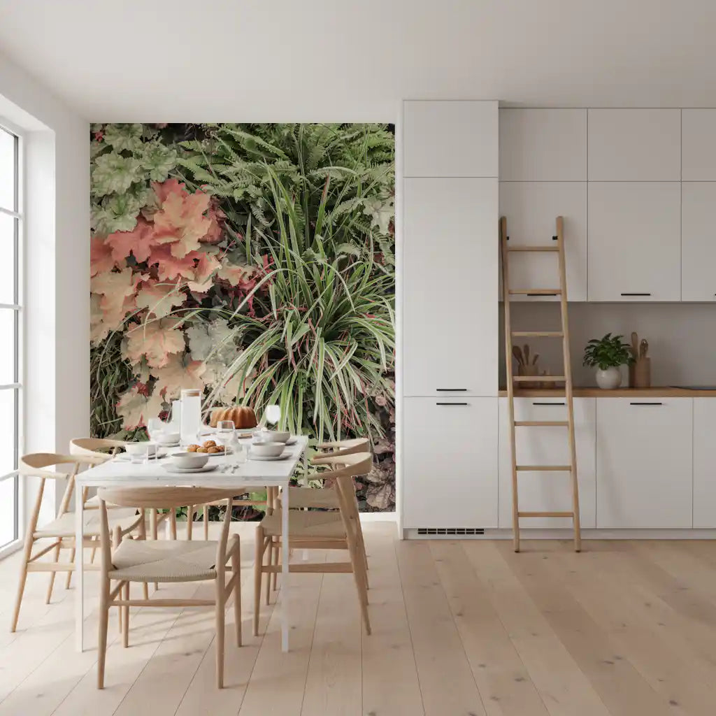 Botanical landscape wall mural with subtle layered greenery