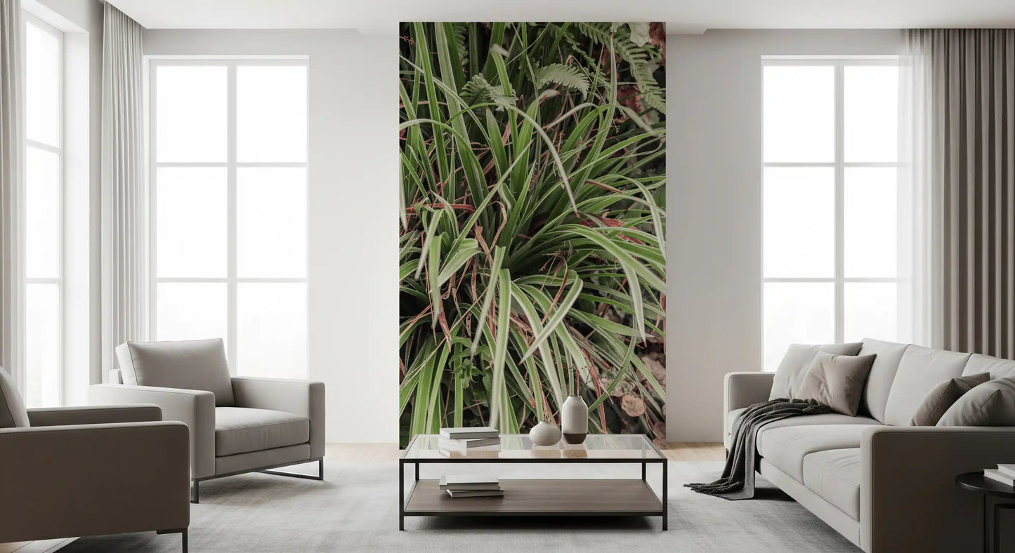 Layered foliage wall mural in soft earthy botanical tones
