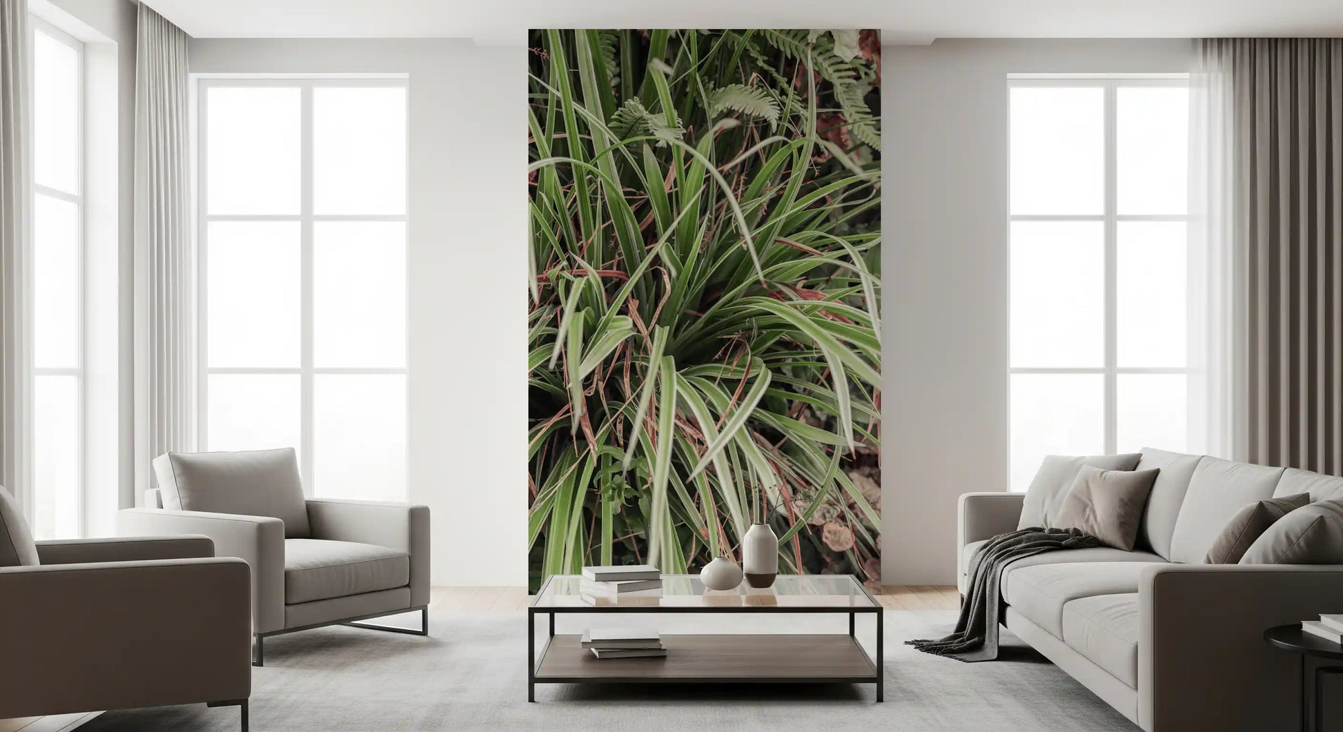 Layered foliage wall mural in soft earthy botanical tones