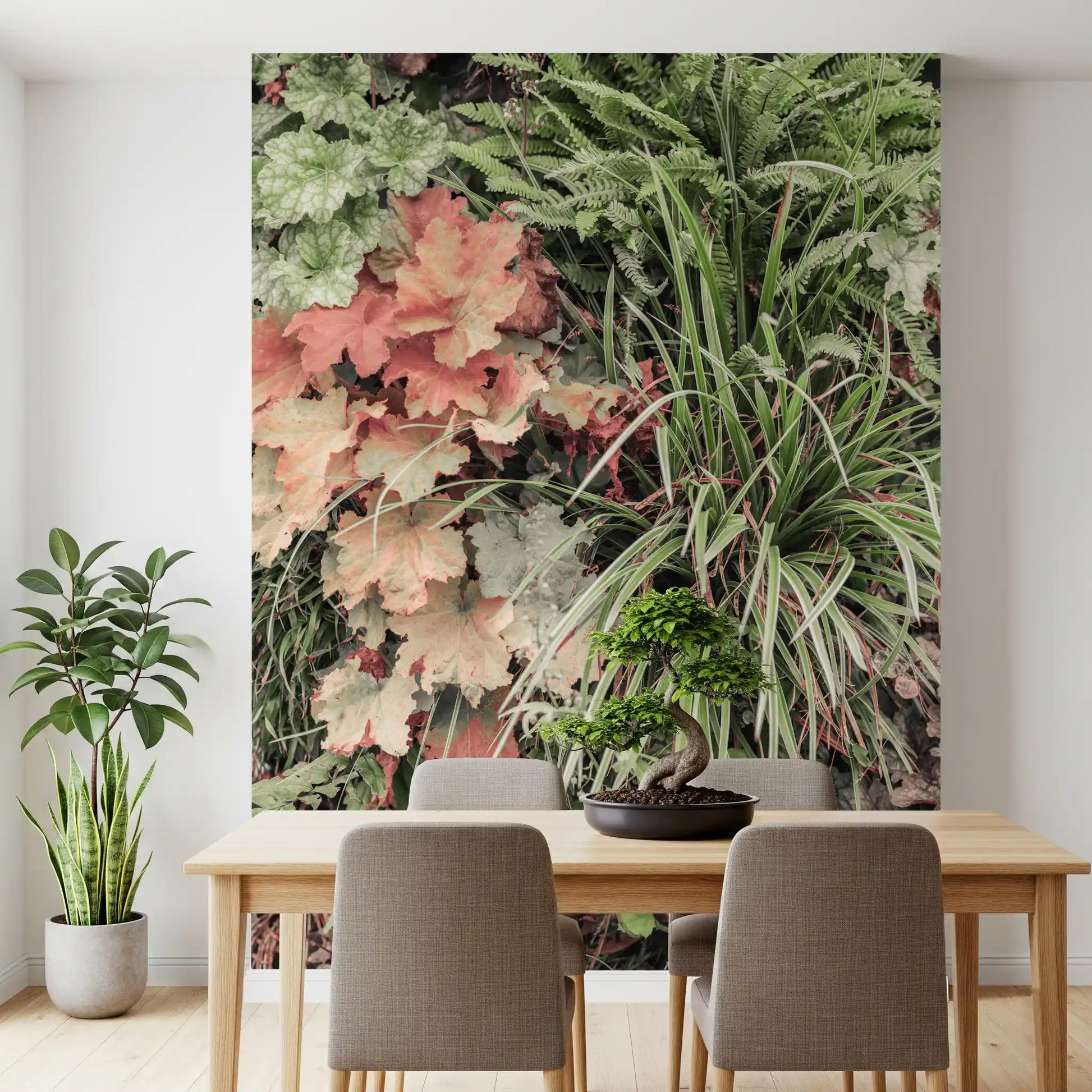 Muted foliage wall mural with calming organic textures