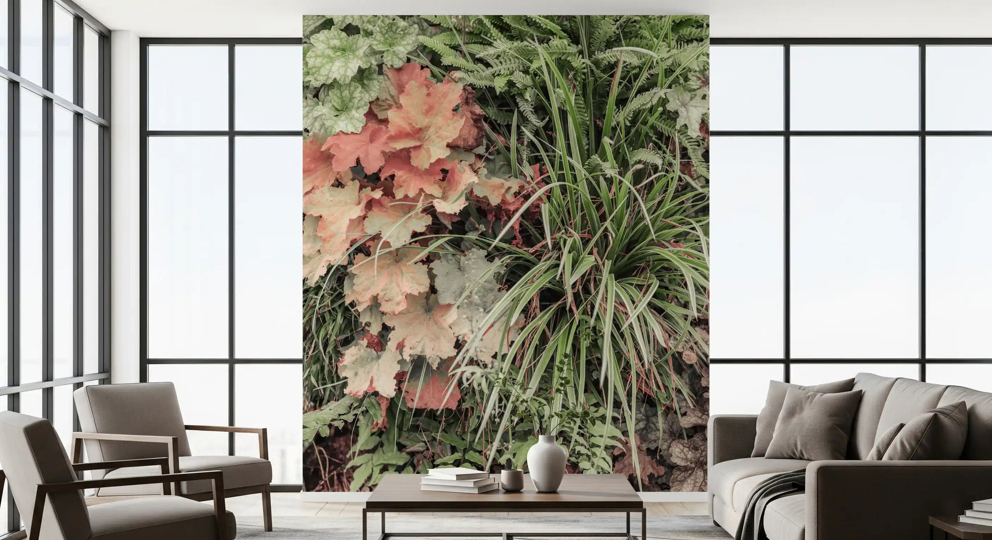 Garden layers wall mural with sage and beige leaf details