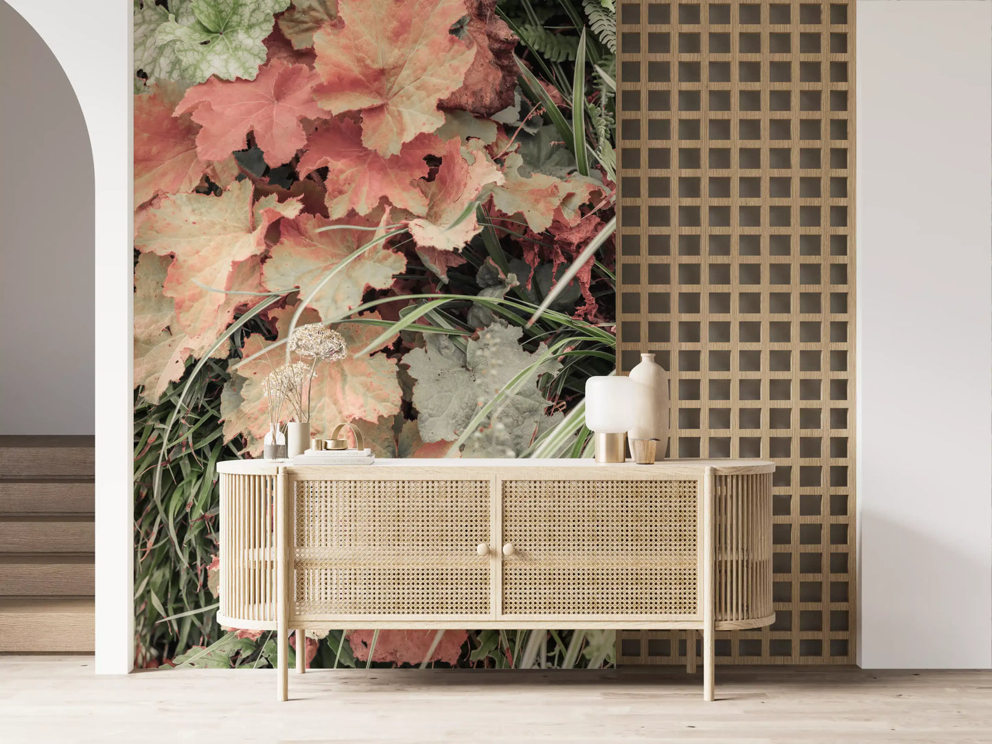 Botanical wall mural featuring sage leaves and natural layers
