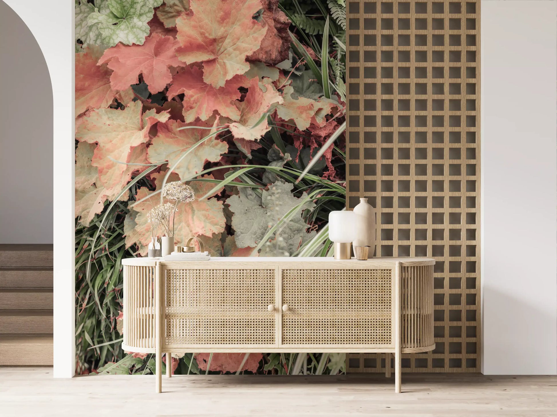 Botanical wall mural featuring sage leaves and natural layers
