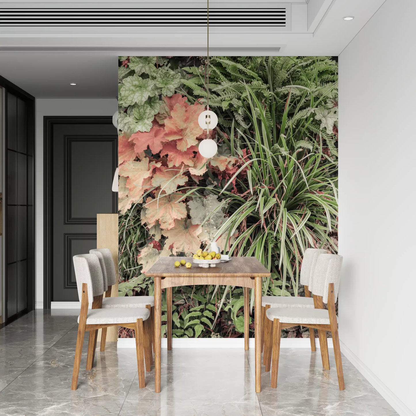 Garden inspired wall mural with muted greenery and depth
