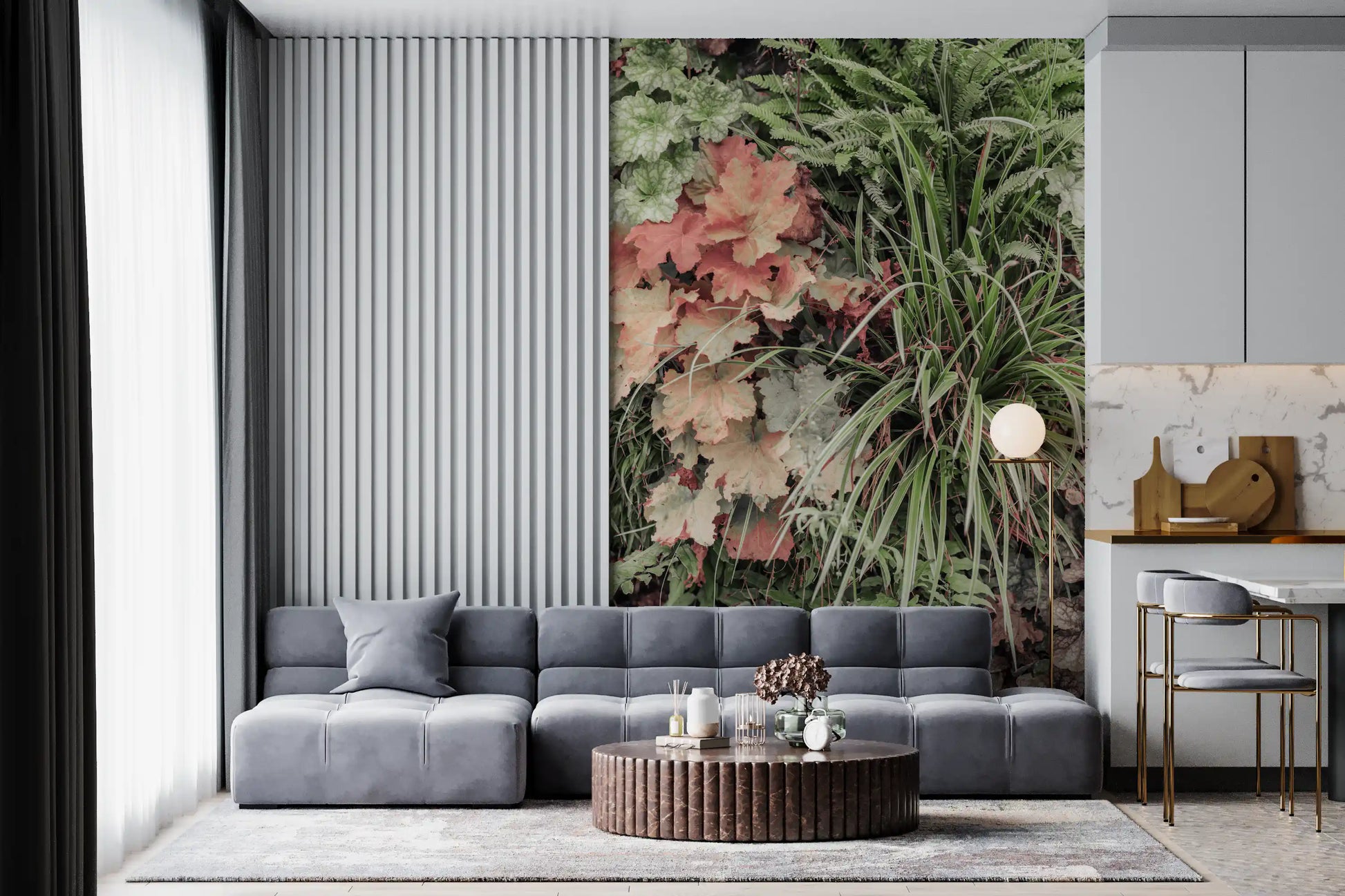 Nature themed wall mural featuring muted garden elements