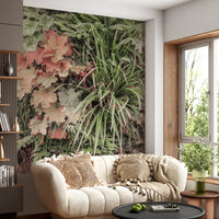 Muted garden wall mural with layered foliage and soft textures