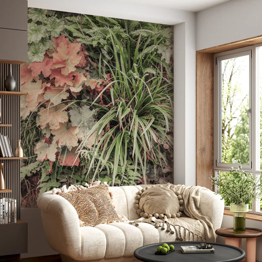 Muted garden wall mural with layered foliage and soft textures