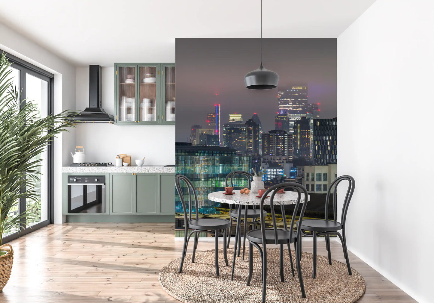 Contemporary city wall mural with muted haze effects