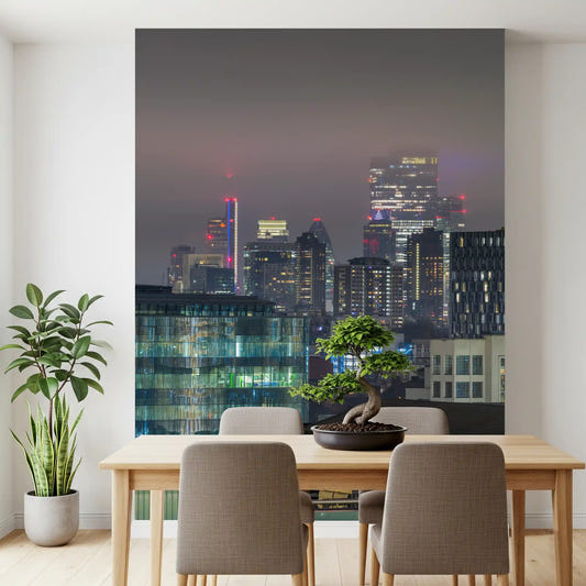 Metropolitan haze wall mural with misty urban skyline layers