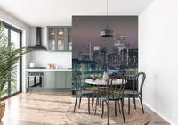 Modern cityscape wall mural featuring soft atmospheric tones