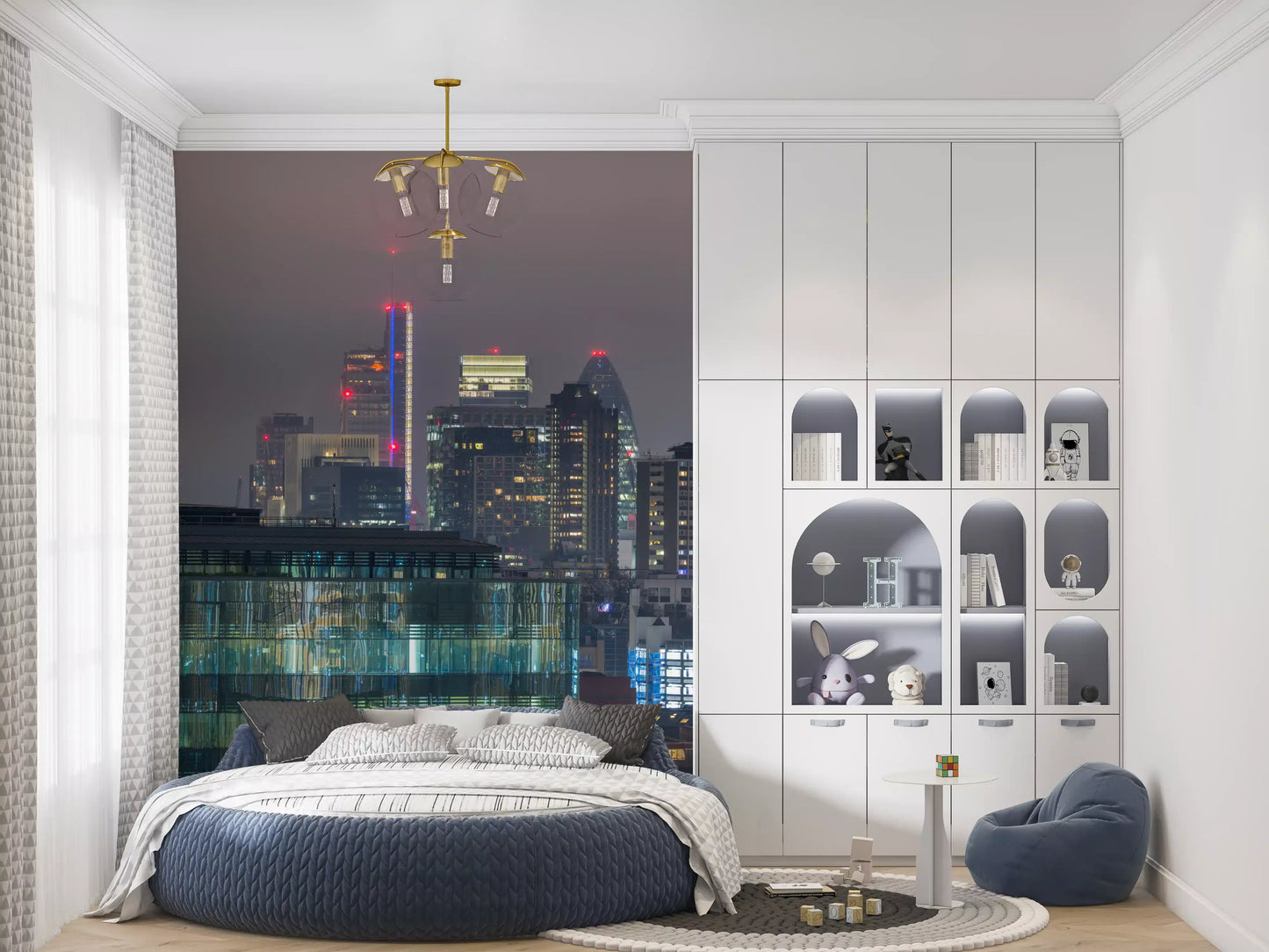 Hazy cityscape wall mural with layered metropolitan buildings