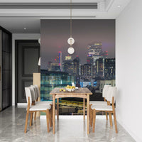Urban landscape wall mural featuring a mist covered skyline
