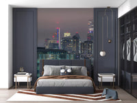 City skyline wall mural with soft grey and blue tones