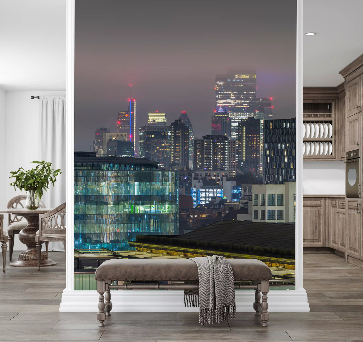 Metropolitan wall mural showcasing layered architectural silhouettes