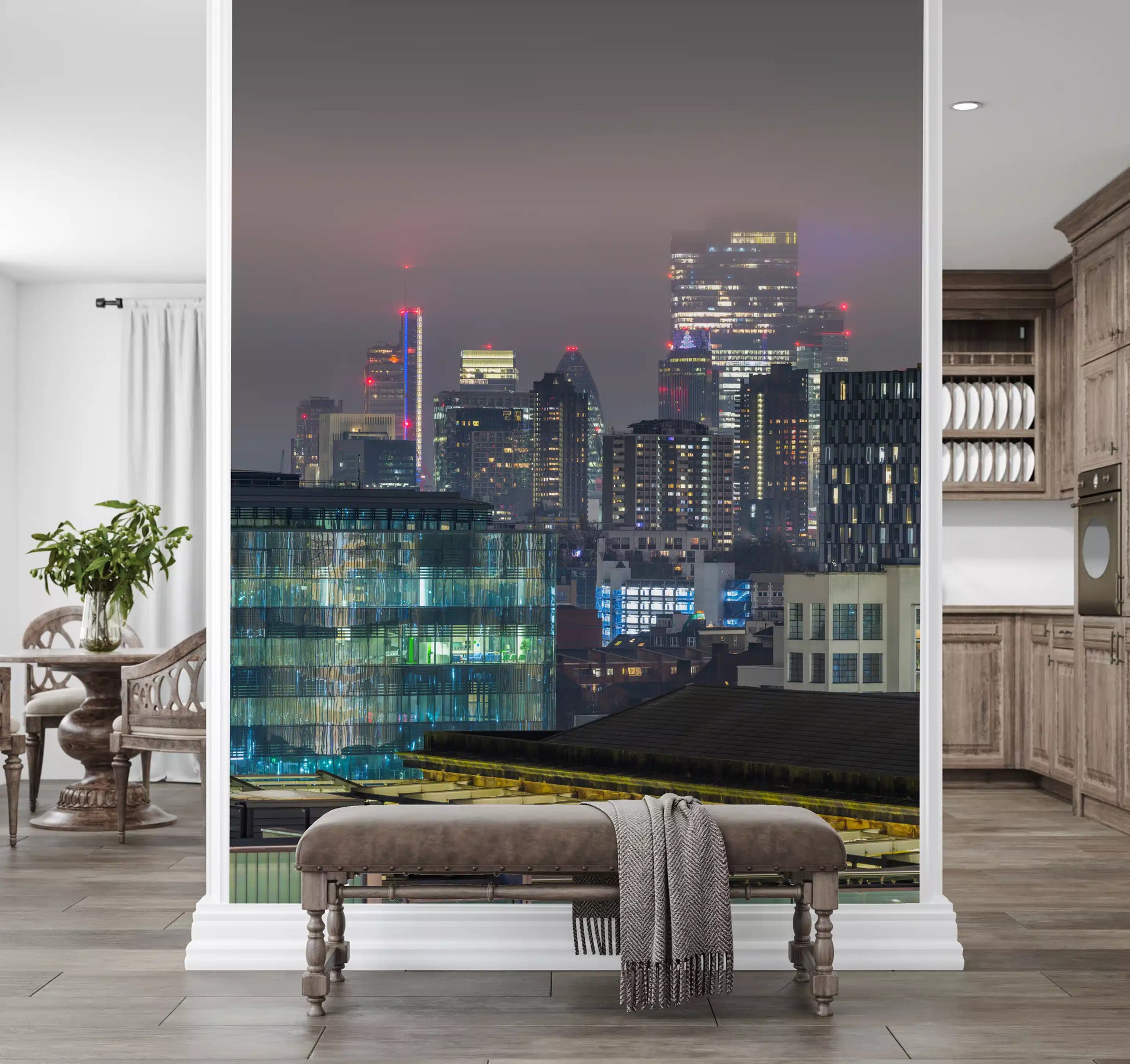 Metropolitan wall mural showcasing layered architectural silhouettes