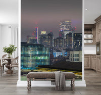 Metropolitan wall mural showcasing layered architectural silhouettes