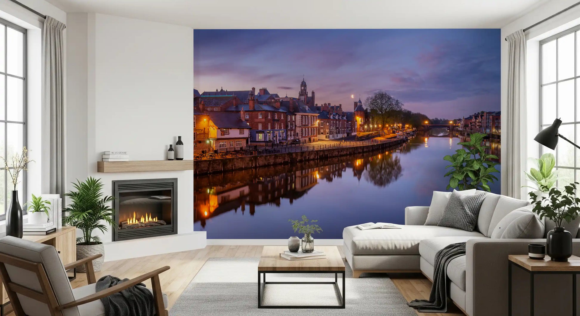 Evening river wall mural featuring historic riverside buildings