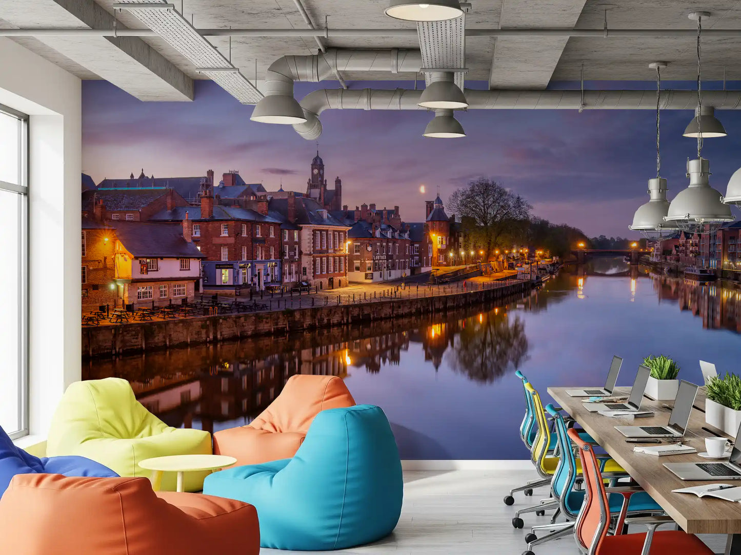 Dusk river wall mural with illuminated waterfront architecture