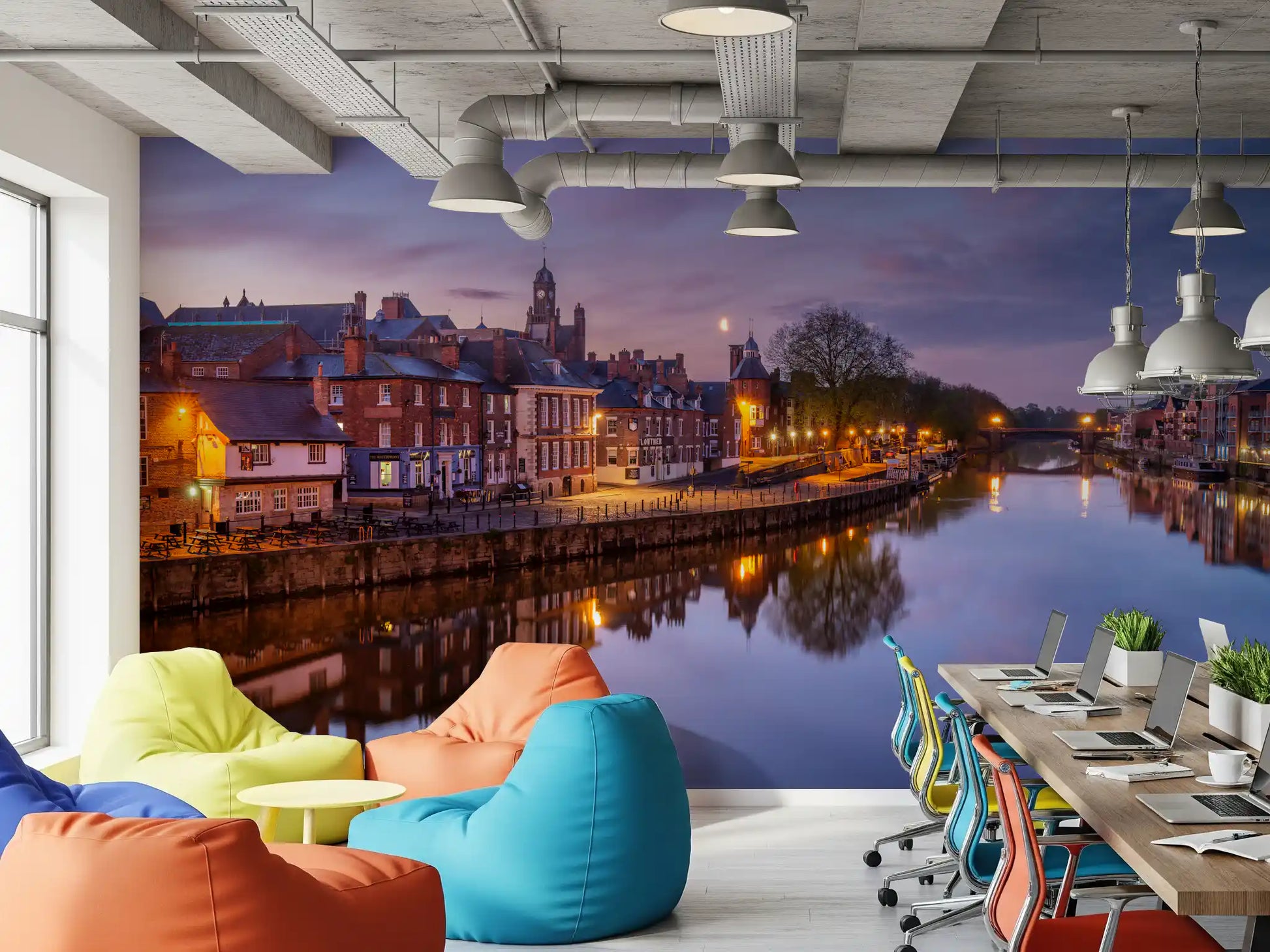 Dusk river wall mural with illuminated waterfront architecture