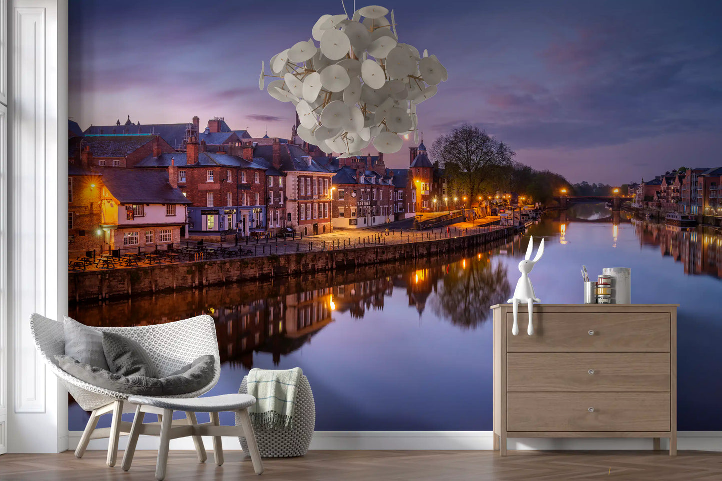 Waterfront cityscape wall mural with peaceful evening atmosphere