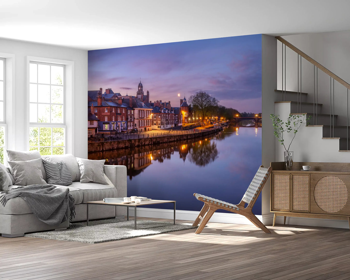 European riverside wall mural with warm lights on the water