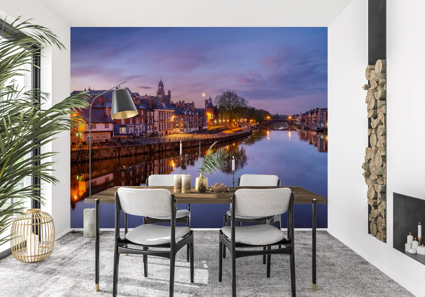 Historic riverside wall mural featuring glowing evening scenery