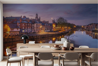 Riverside dusk wall mural with glowing waterfront reflections