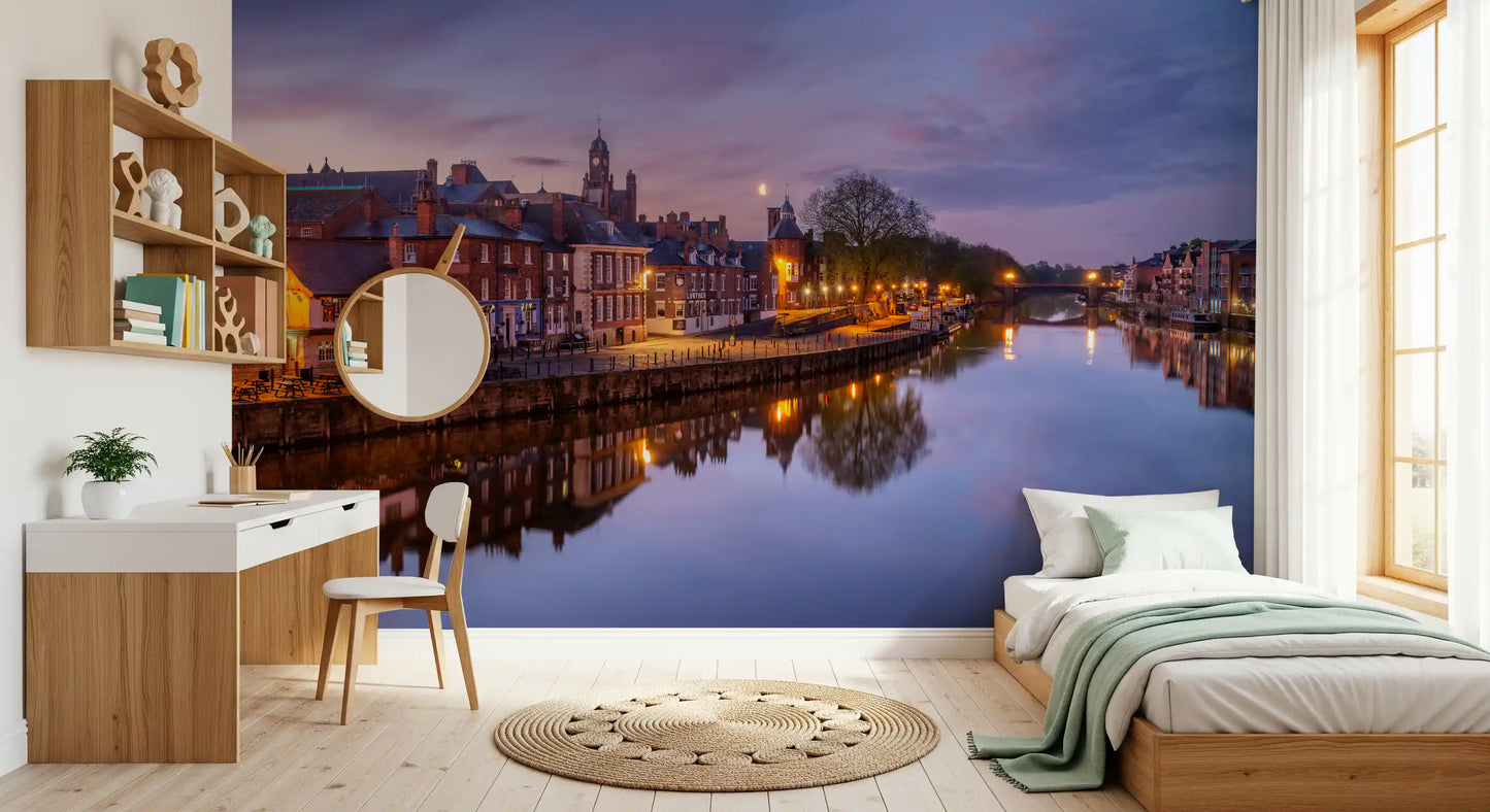 Waterfront wall mural with warm lights and calm river views