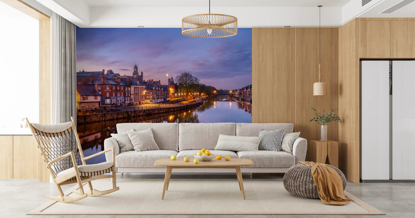 Riverside buildings wall mural reflecting on calm blue waters