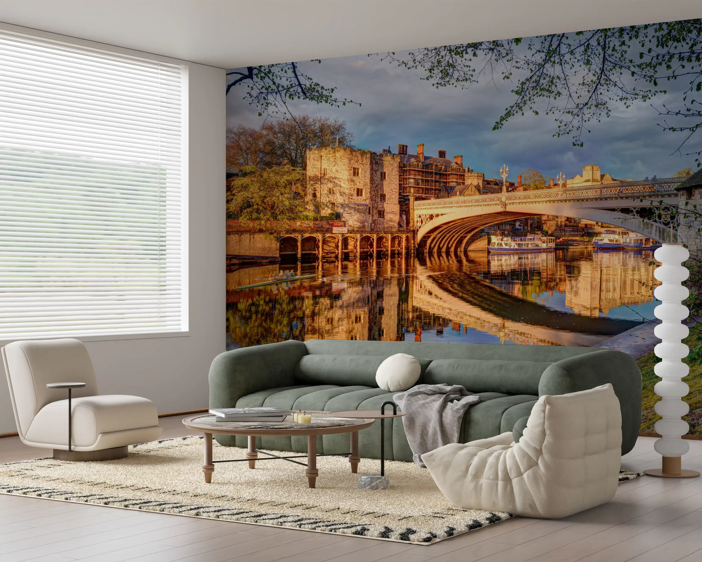 Historic riverside wall mural featuring glowing evening scenery