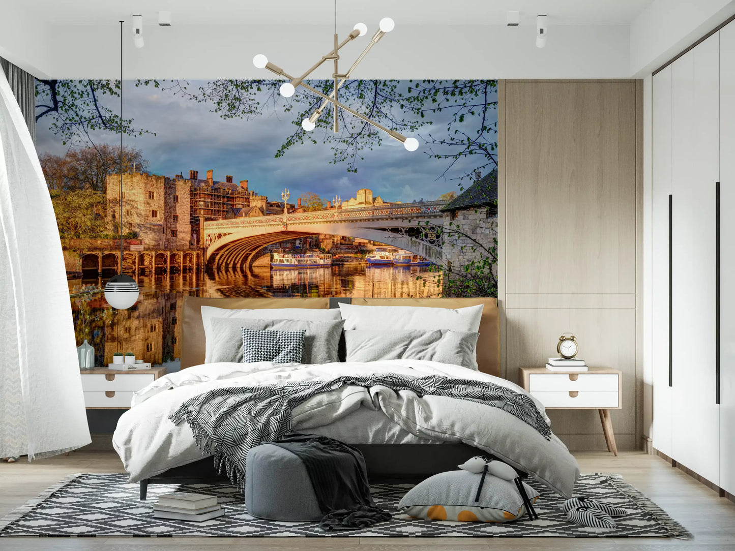 Riverfront wall mural featuring warm amber city lights