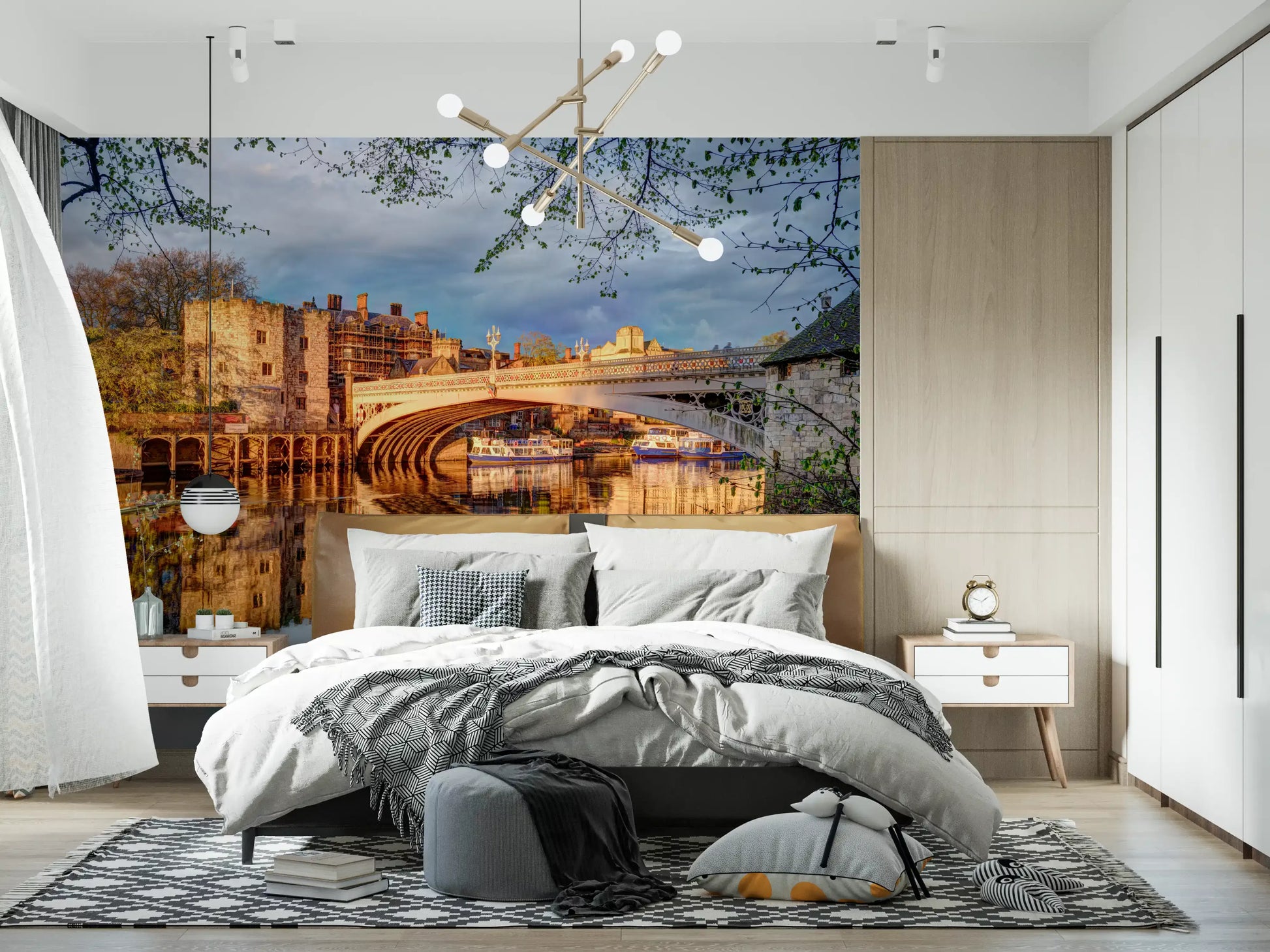 Riverfront wall mural featuring warm amber city lights