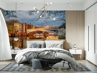 Riverfront wall mural featuring warm amber city lights