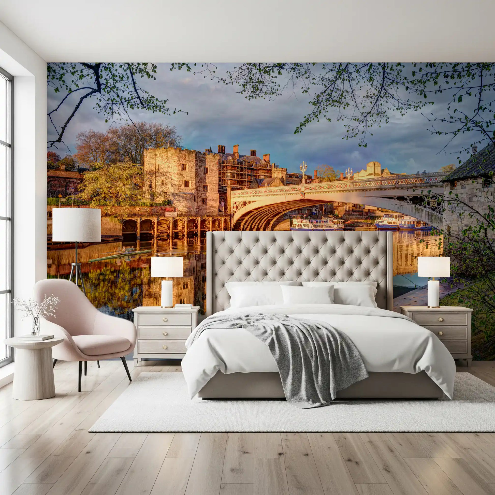 Riverside city wall mural with warm golden water reflections
