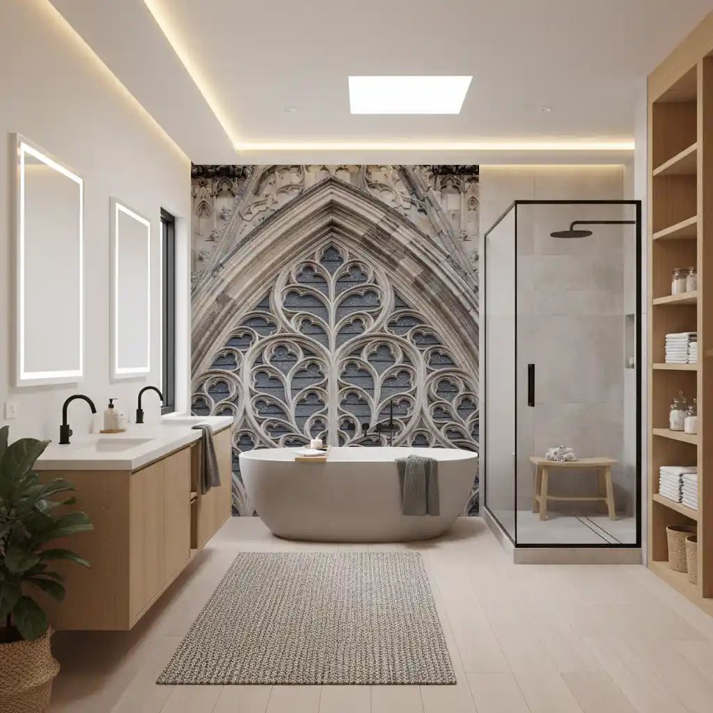 Stone arch wall mural with decorative Gothic architectural style