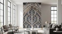 Ornate stone window wall mural featuring pointed Gothic arches