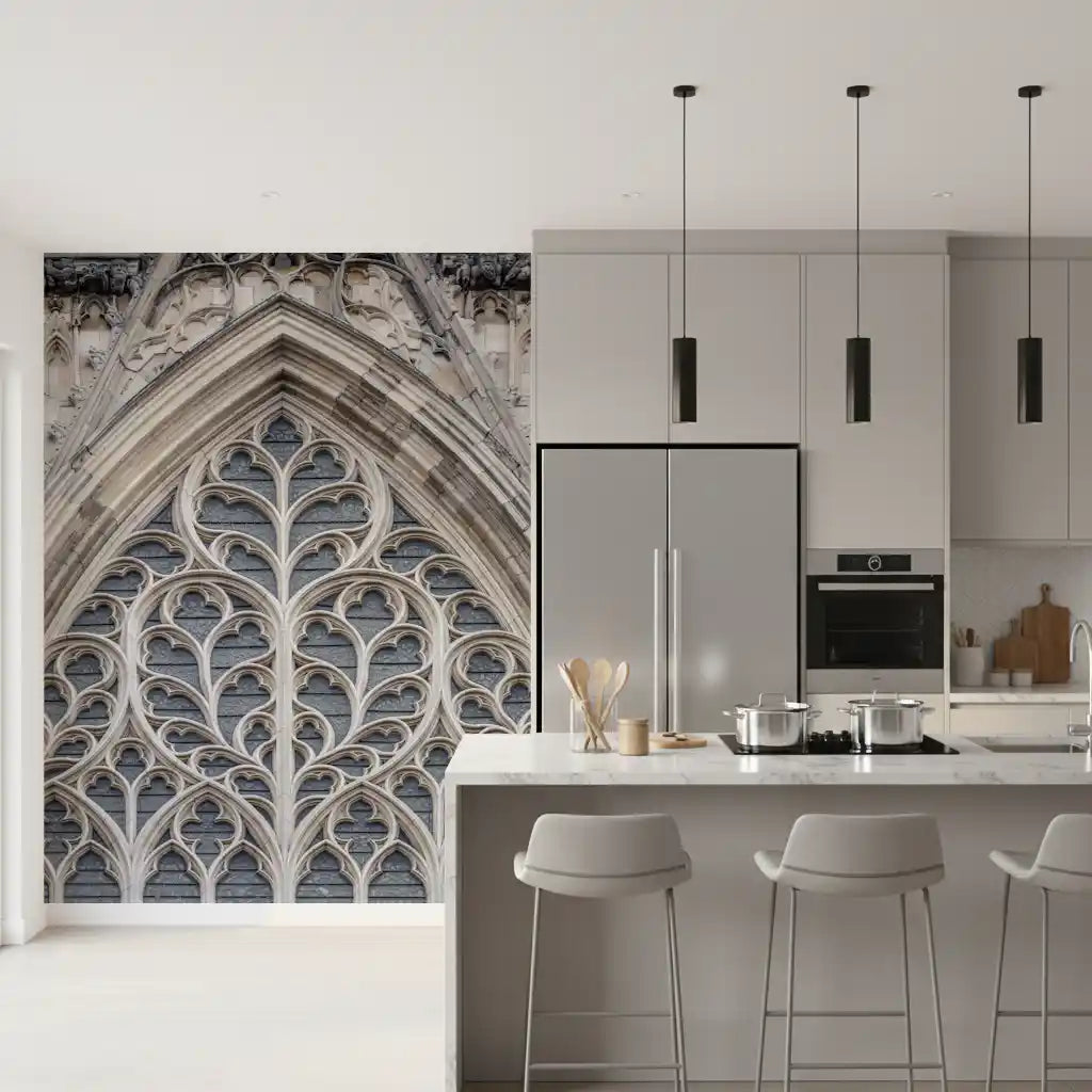 Grand Gothic window wall mural with textured stone details