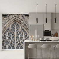 Grand Gothic window wall mural with textured stone details