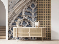 Gothic inspired wall mural with carved stone window design