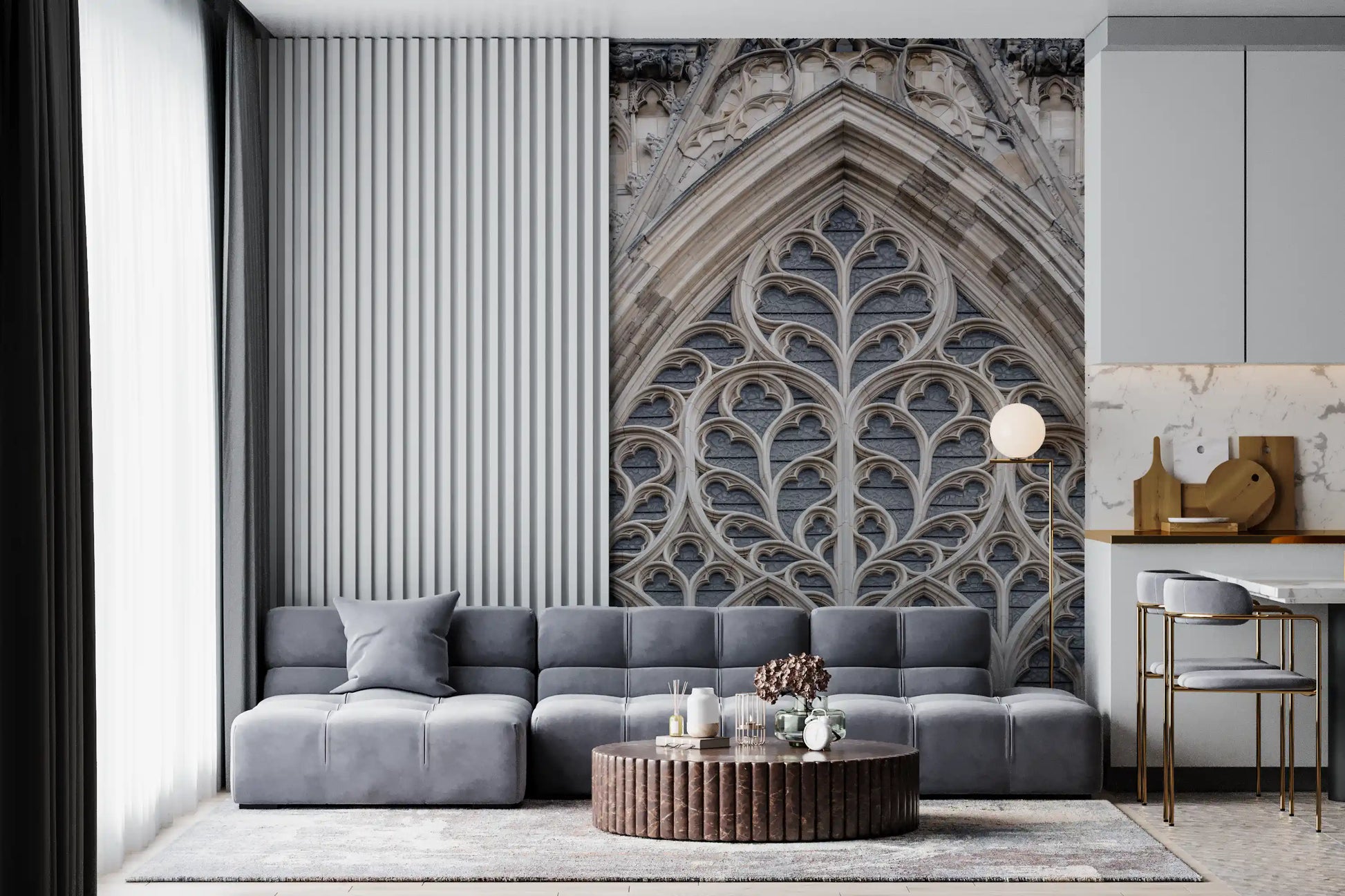 Architectural wall mural featuring detailed Gothic window design
