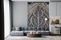 Architectural wall mural featuring detailed Gothic window design